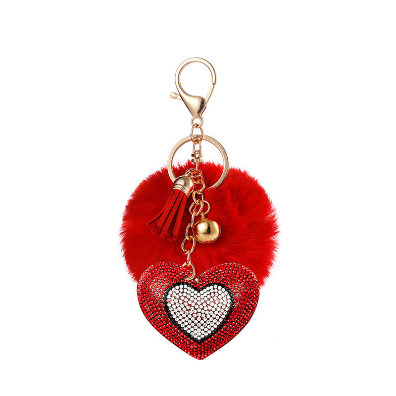 Wholesale 10pcs of Love Rhinestone Flannel 8cm Wool Ball Keychain